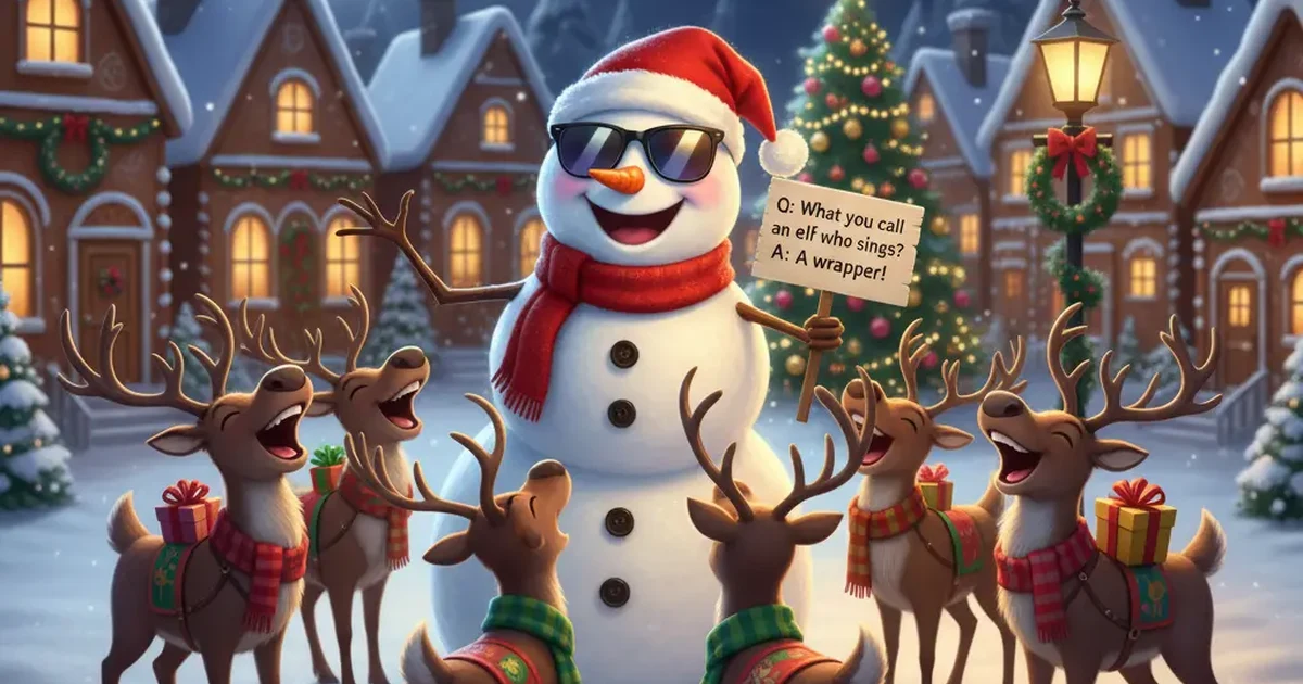 A festive holiday setup with a cheerful dad character holding a Christmas joke card, surrounded by lights, ornaments, and playful winter decorations.