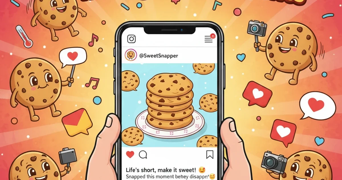 A cheerful cartoon cookie with chocolate chips posing playfully, styled like a fun Instagram-ready moment.