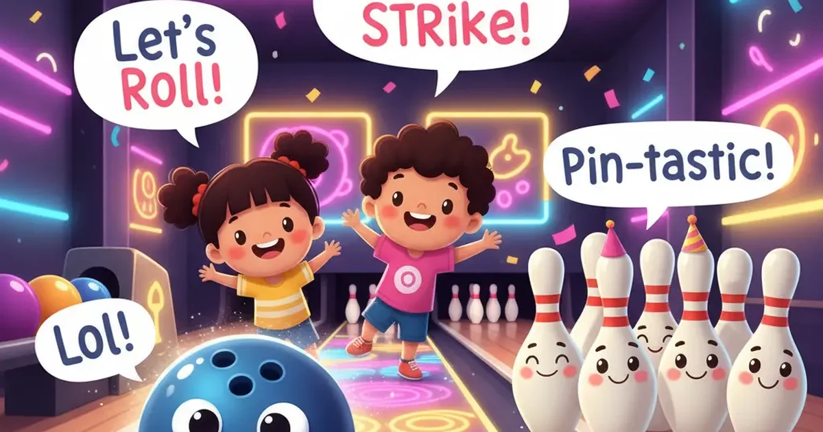 "Strike up some fun! 🎳 Happy kids, smiling pins, and pun-filled bowling excitement in every roll!"