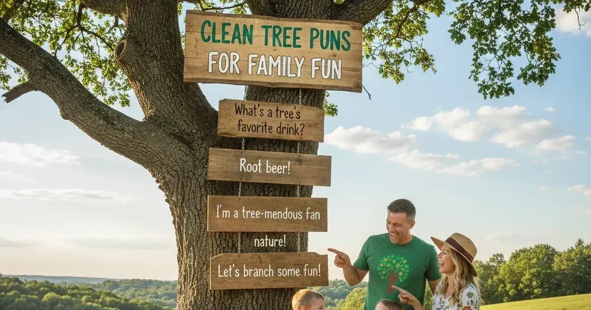 A cheerful cartoon-style tree with bright green leaves, smiling warmly to create a friendly, family-fun vibe.