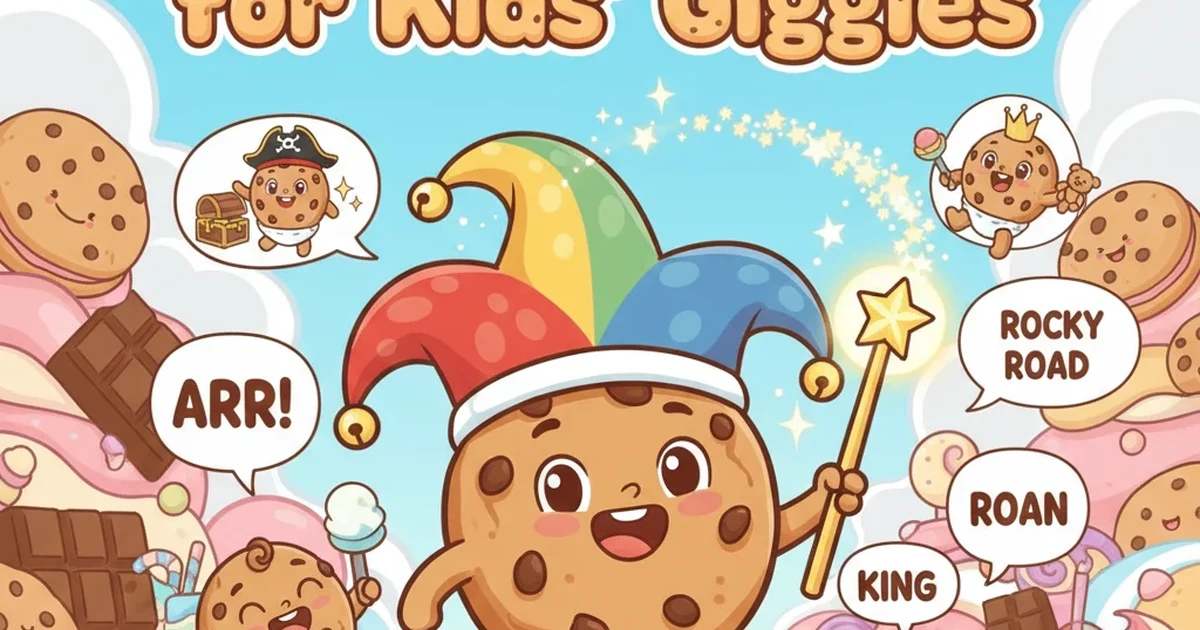 A cute cartoon cookie with big chocolate chips and a friendly smile, designed to make kids laugh with a playful, fun vibe.