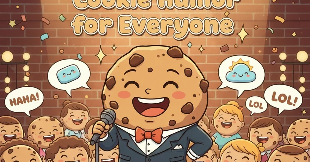 A cute, playful cookie-themed illustration featuring smiling chocolate chip cookies, light pastel colors, and fun cartoon-style elements that highlight clean, family-friendly humor.