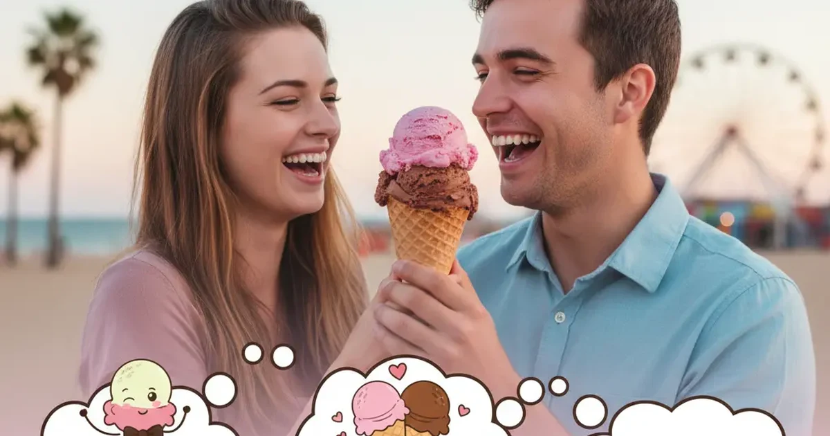 “A soft, romantic ice-cream themed illustration featuring two cones leaning toward each other like a couple, pastel hearts floating around them, and a warm, sweet atmosphere perfect for couples’ puns.”