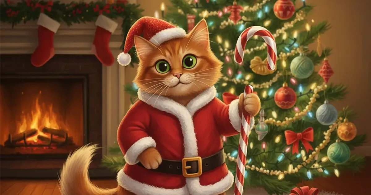 A cute cat dressed in a Santa suit holding a candy cane, illustrated in bright and playful digital art.