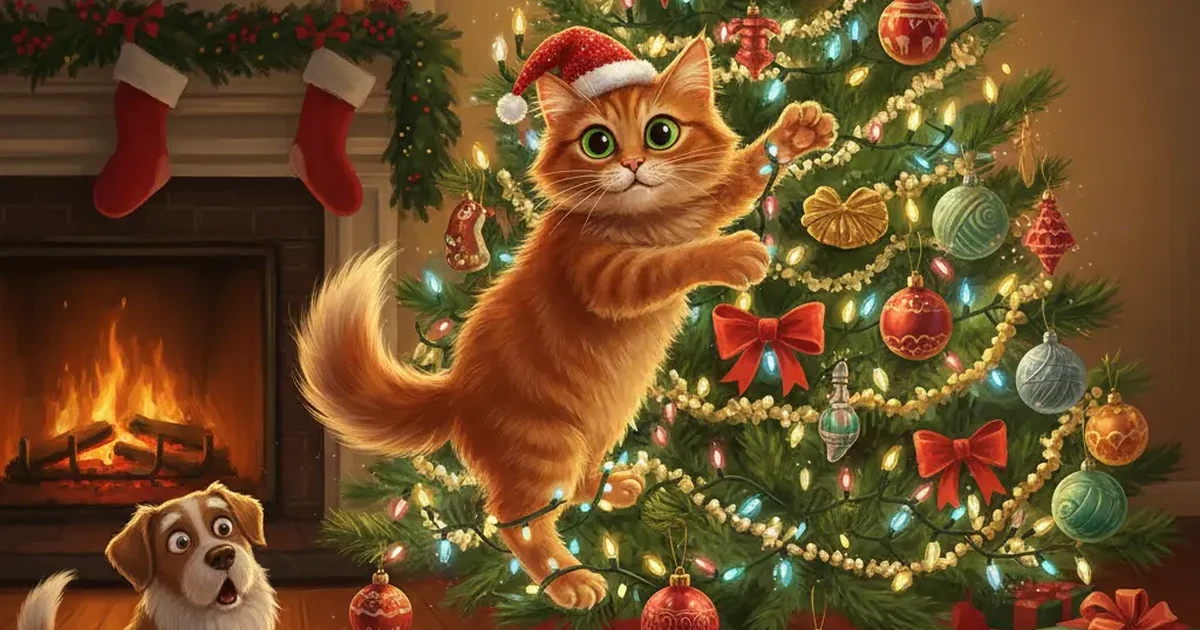 A playful cat climbing a decorated Christmas tree, knocking ornaments and reaching for the glowing star on top in a funny holiday scene.