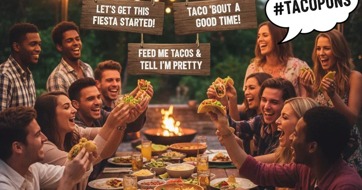 A vibrant taco with colorful toppings on a festive party table, surrounded by confetti and cheerful decorations.