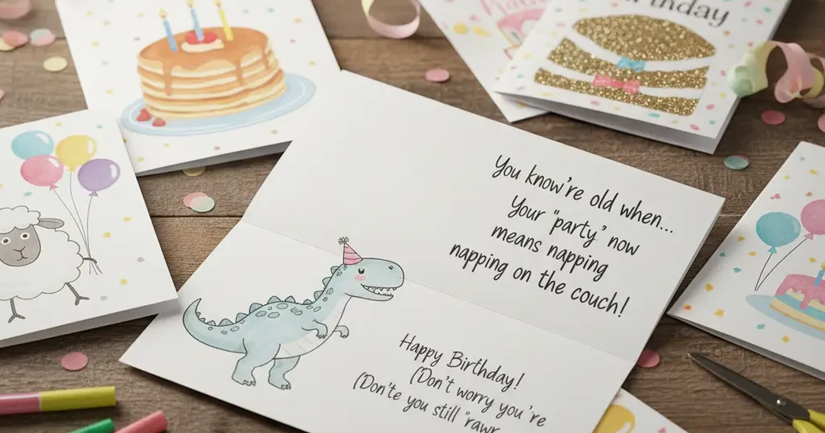 A cute birthday card with colorful doodles, confetti, and a handwritten funny message inside.