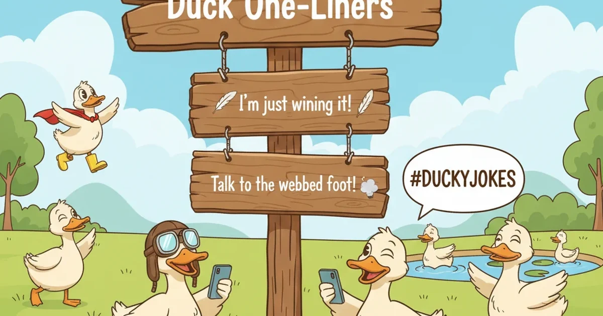 A cute cartoon duck with a big smile and speech bubble, delivering a short and funny one-liner.