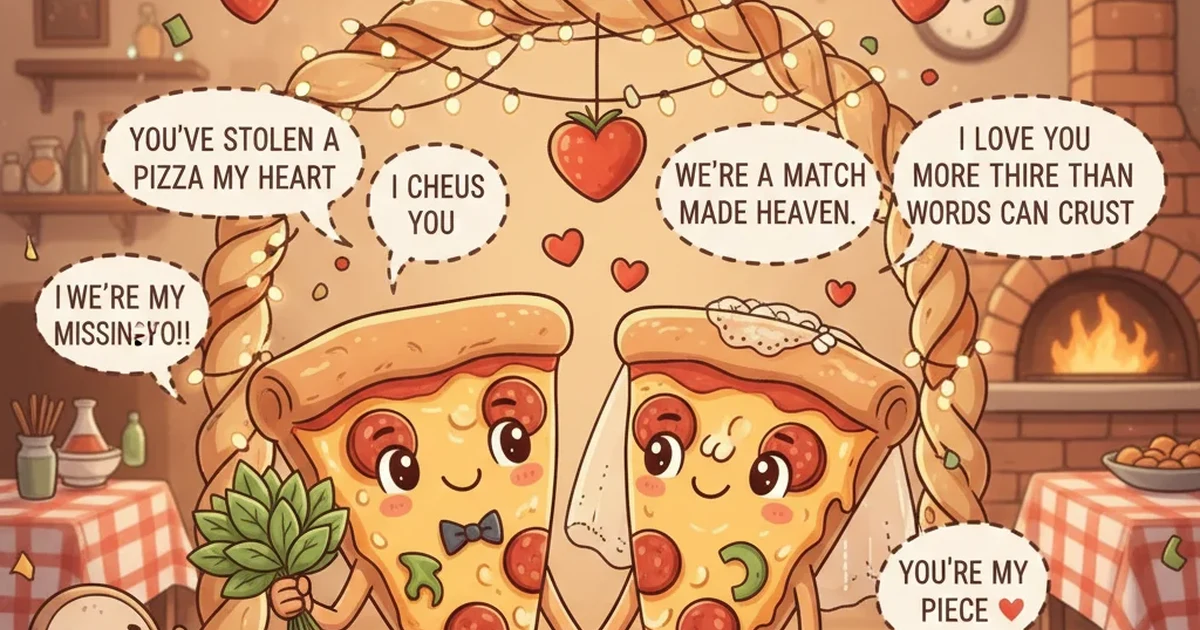 A cute cartoon illustration of two smiling pizza slices holding hands, surrounded by hearts and playful toppings.