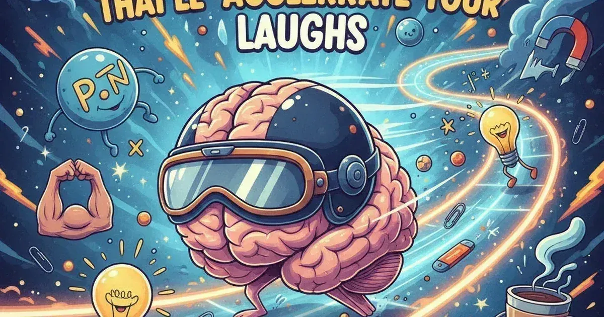 A playful cartoon scene featuring smiling physics elements like atoms, rockets, pendulums, and motion arrows, all designed to match fun physics-themed humor.