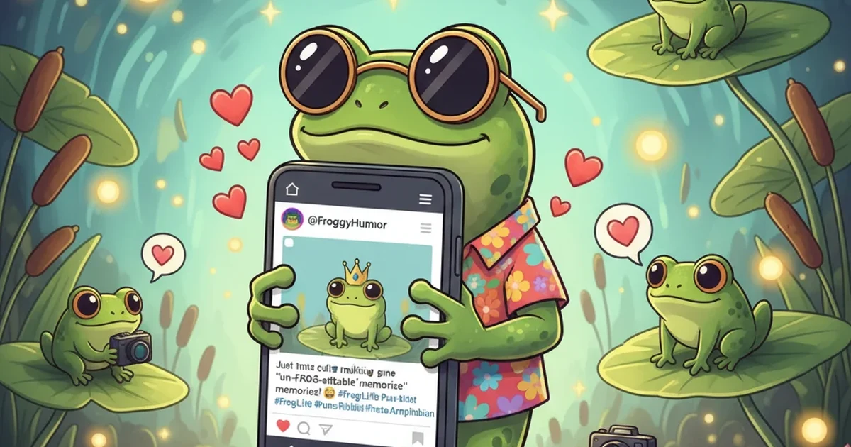 A playful cartoon frog sitting on a lily pad, smiling and surrounded by fun, colorful pond elements, perfect for Instagram posts.