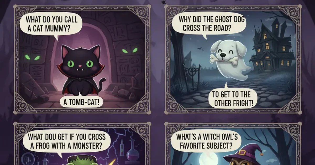 Cute spooky animals like black cats, owls, and bats in a fun Halloween-style scene, all with playful expressions.