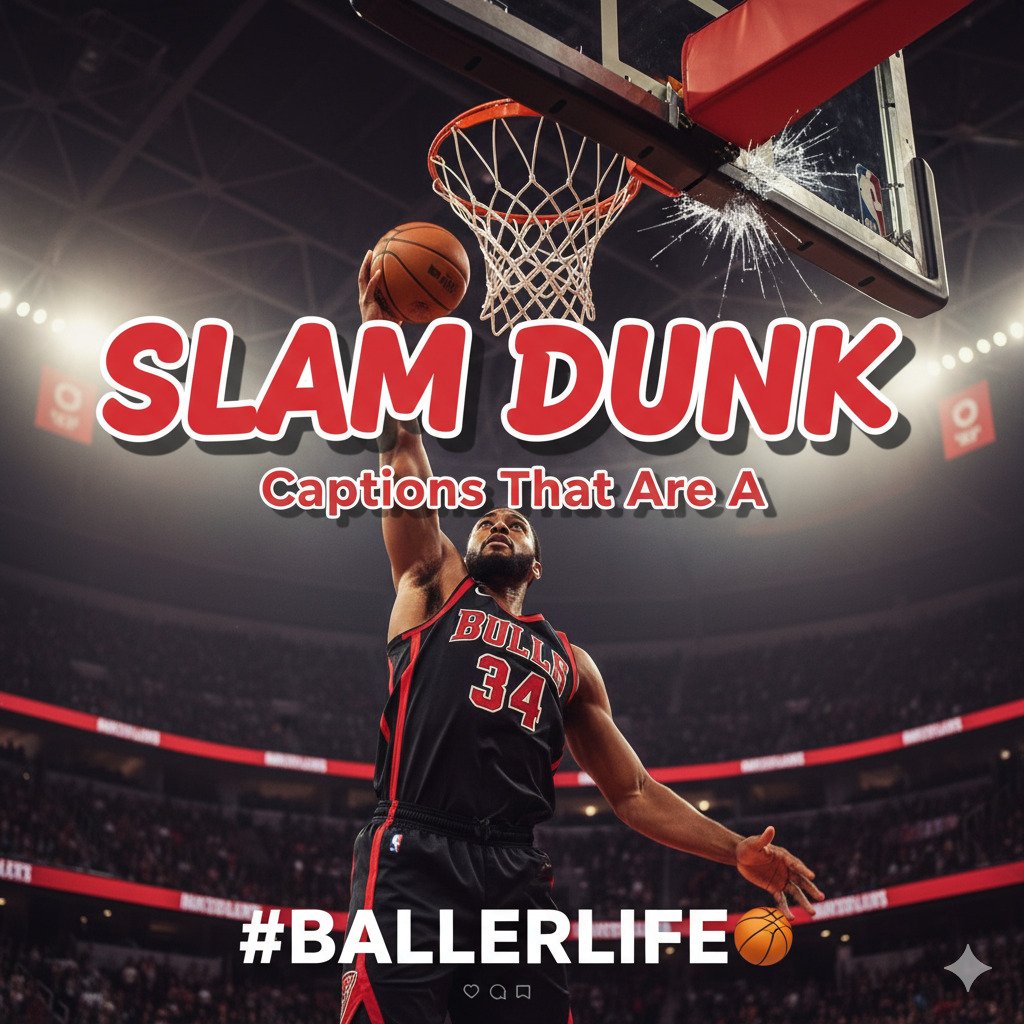 A basketball player mid-air making a slam dunk with a big smile, surrounded by cheering fans.