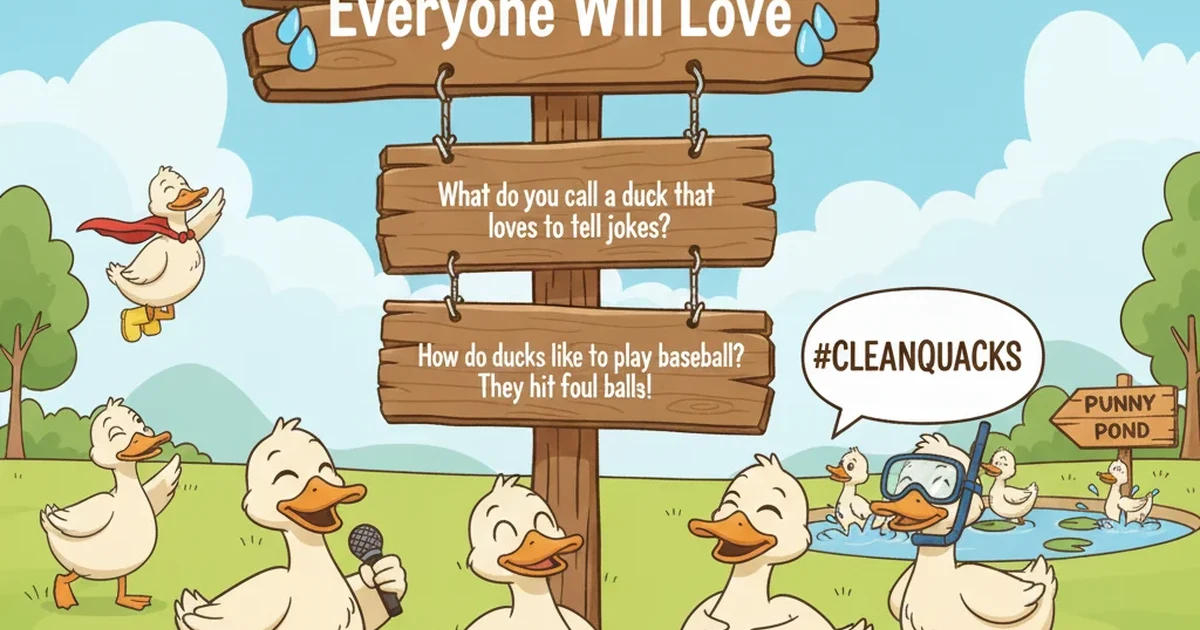 A cheerful cartoon duck splashing in a pond, surrounded by fun, family-friendly elements suitable for all ages.