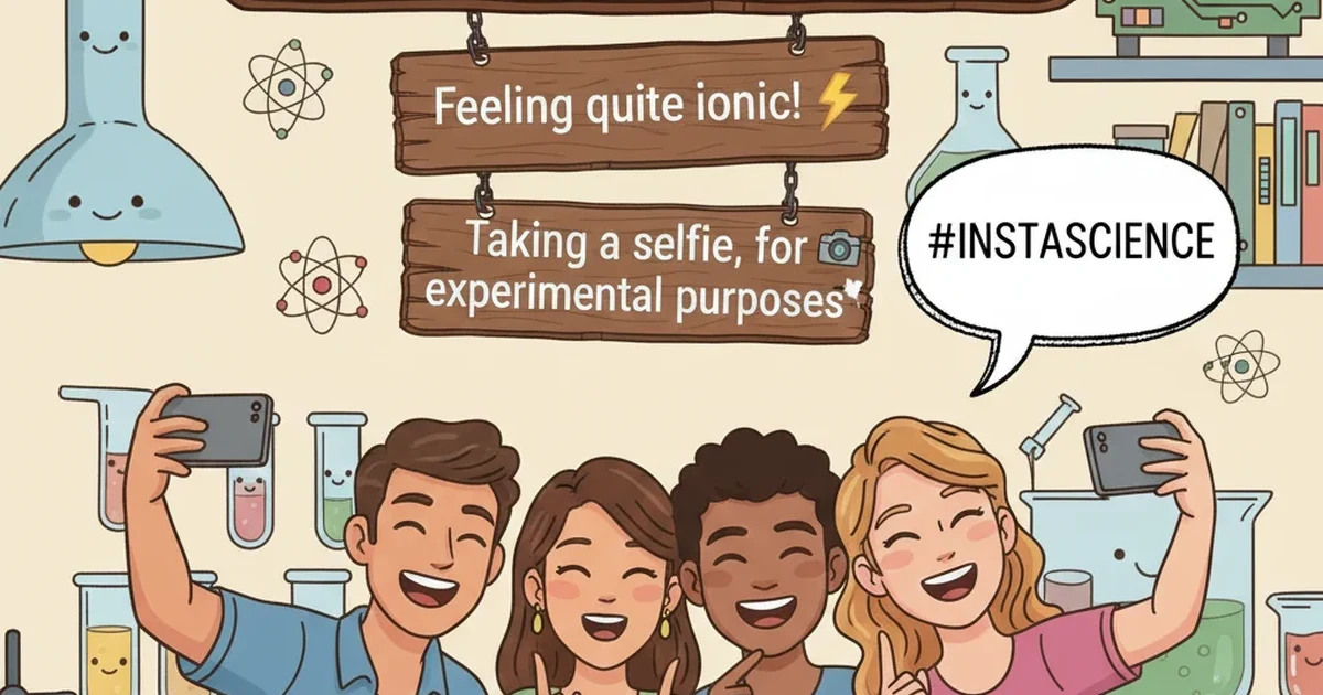A fun, colorful cartoon illustration of science objects like beakers, atoms, and microscopes with smiling faces, perfect for Instagram posts.