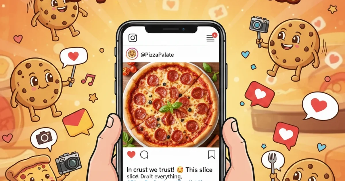 A happy cartoon dad holding a pizza, surrounded by smiling pizza slices and playful toppings in a fun, family-friendly style.
