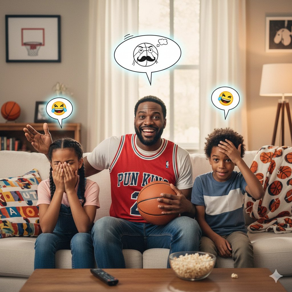 A cheerful dad holding a basketball, laughing while telling jokes on the court.