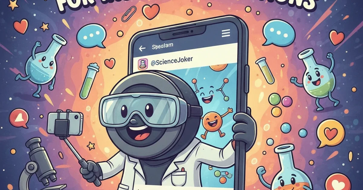 A bright cartoon scene with smiling beakers, atoms, and microscopes arranged like an Instagram-style layout, perfect for fun science-themed posts.