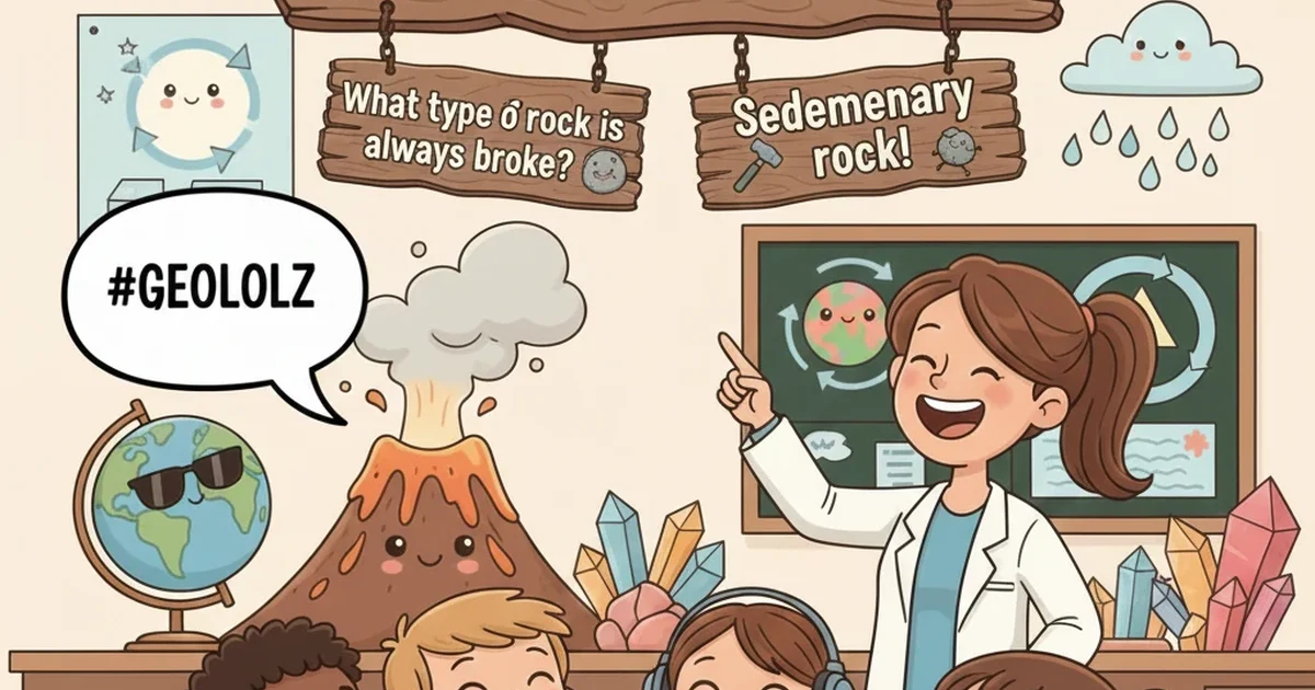 A playful cartoon Earth surrounded by smiling rocks, mountains, and volcanoes, with fun and kid-friendly earth science puns.