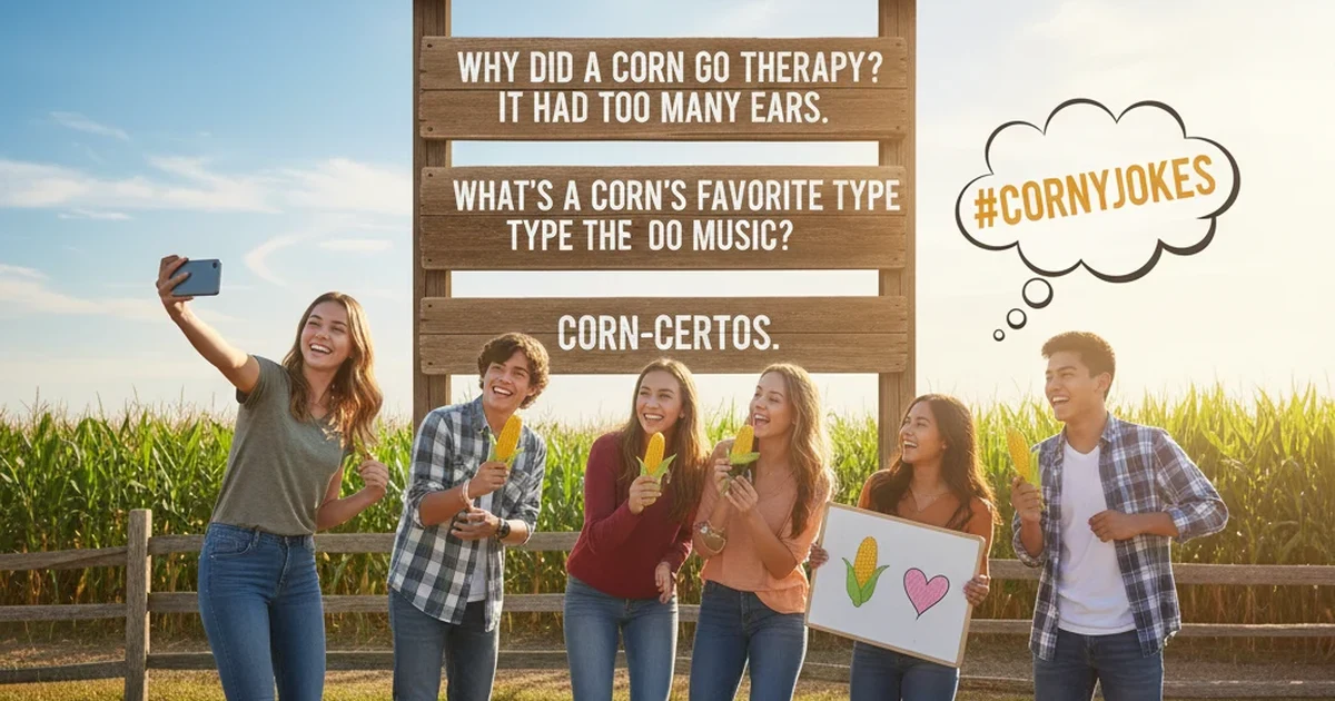 A playful illustration of a smiling corn cob posing like it's ready for a fun social media post.
