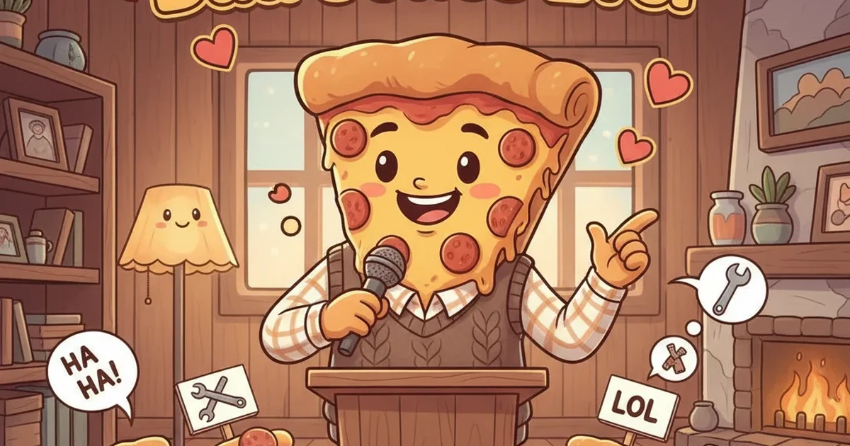 A happy cartoon dad holding a pizza, surrounded by smiling pizza slices and playful toppings in a fun, family-friendly style.