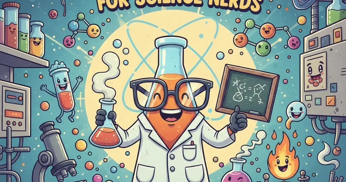 A lively cartoon lab filled with smiling beakers, test tubes, and microscopes, with a quirky scientist sharing nerdy science jokes.