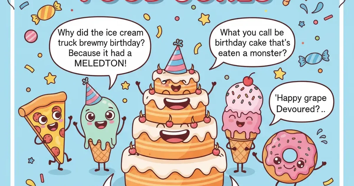 A table full of funny-themed birthday foods like smiling cupcakes, ice cream, and colorful snacks.