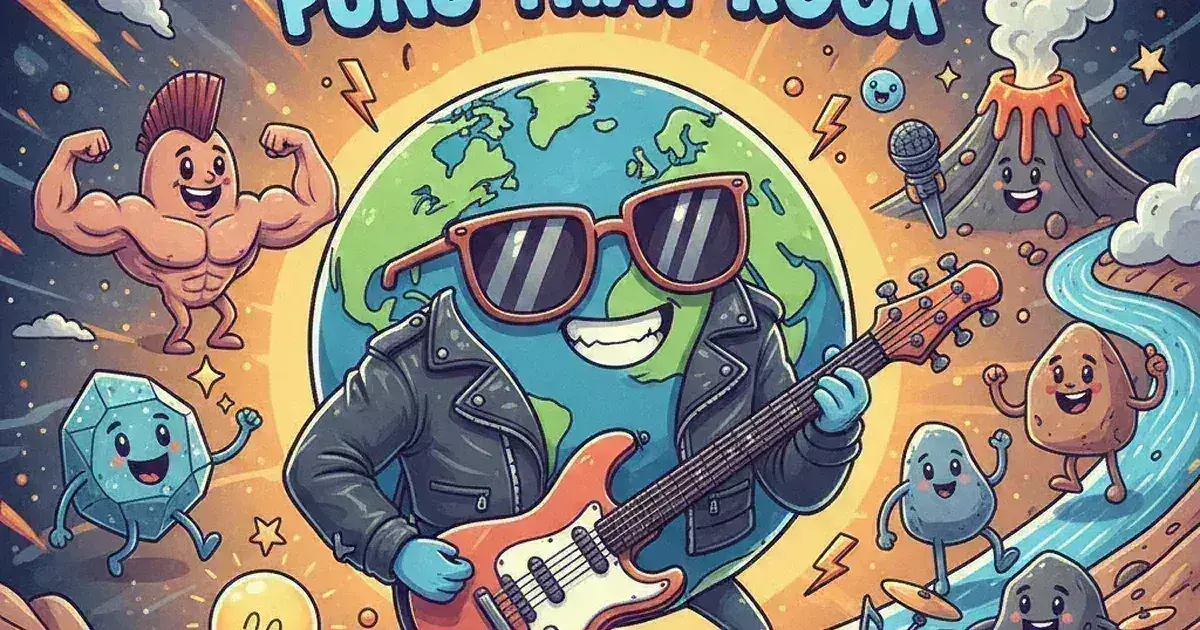 A cheerful cartoon Earth surrounded by smiling rocks, mountains, and volcanoes, creating a fun and playful earth-science vibe.