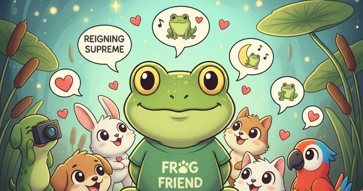 A cute cartoon frog surrounded by lily pads, flowers, and playful pond animals, creating a fun, nature-inspired vibe.