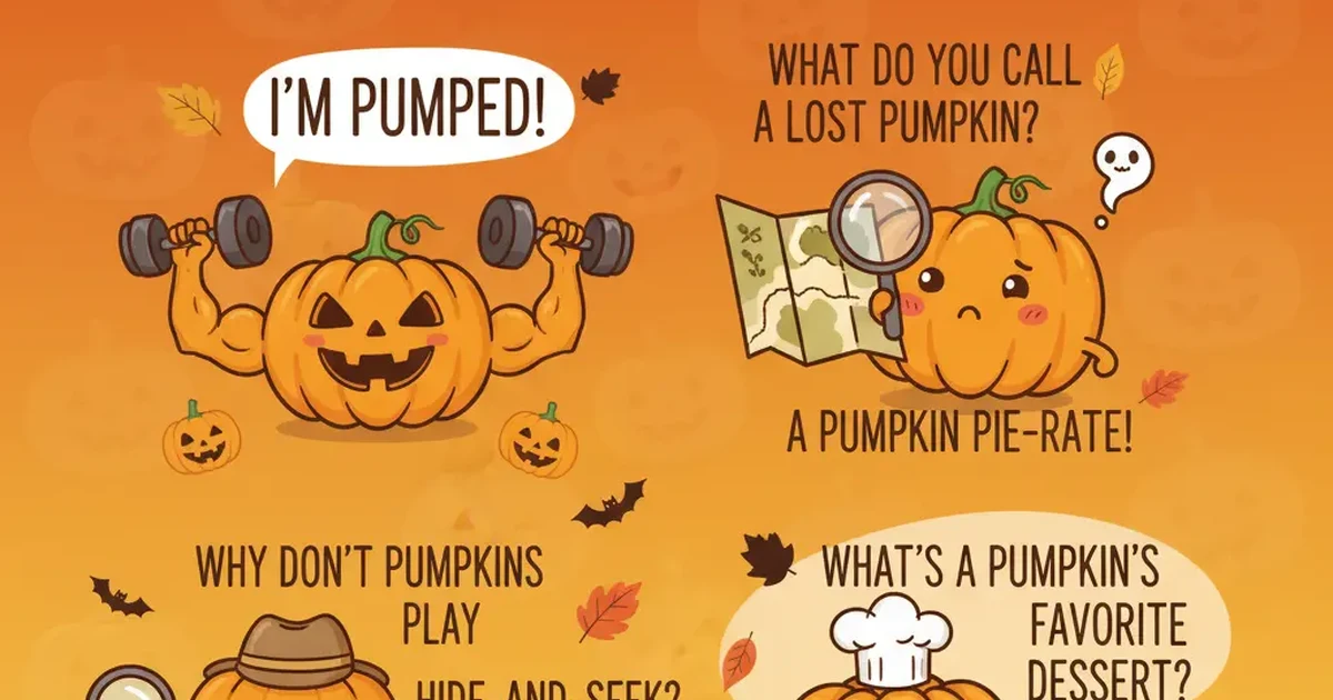 A cheerful pumpkin with a big smile surrounded by autumn leaves and fun Halloween-themed decorations.