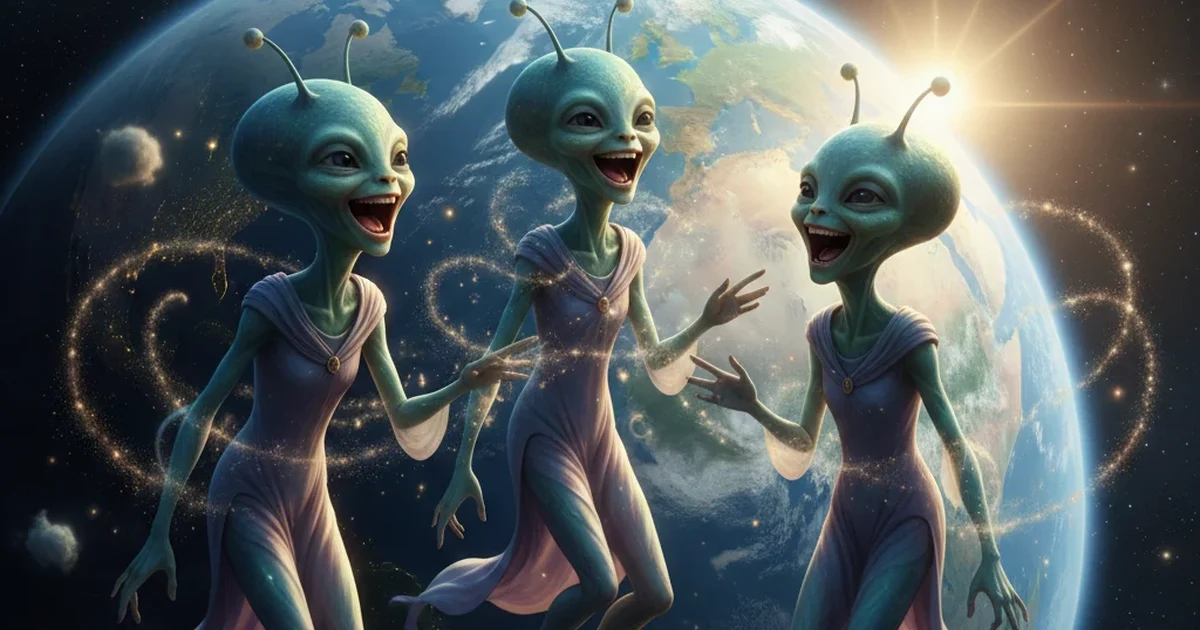Friendly aliens laughing with Earth and stars around them.