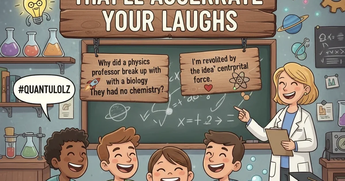 A playful cartoon illustration of physics-themed objects like rockets, pendulums, and atoms with smiling faces, featuring humorous physics puns.