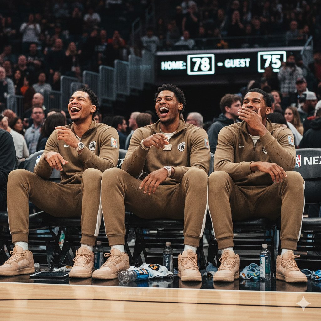 Basketball players sharing a funny moment courtside, laughing together during a game.