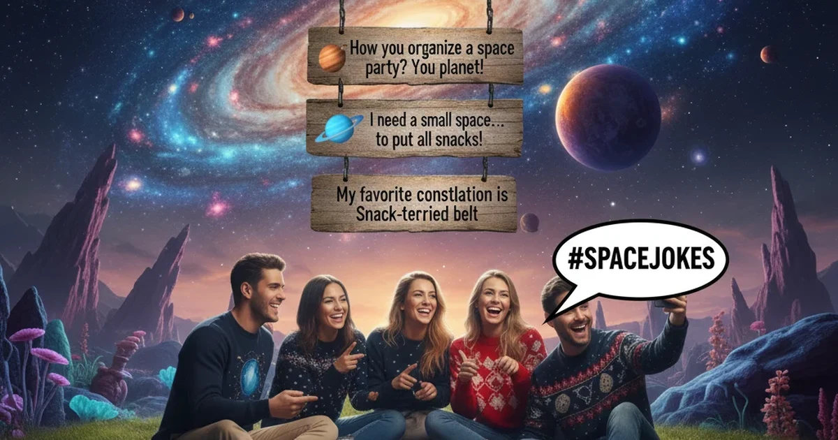 A colorful, whimsical galaxy scene with smiling stars, planets, and comets creating a playful cosmic atmosphere.