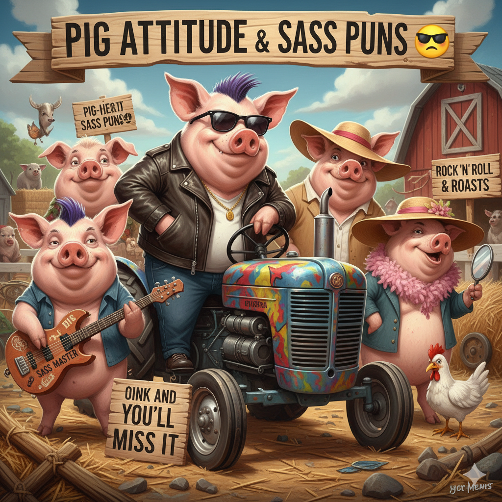 “Confident cartoon pig striking a sassy pose with sunglasses, showing attitude and humor.”