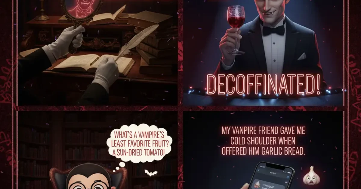 A funny cartoon vampire with a goofy smile, standing in a spooky-but-cute setting with bats and a moonlit