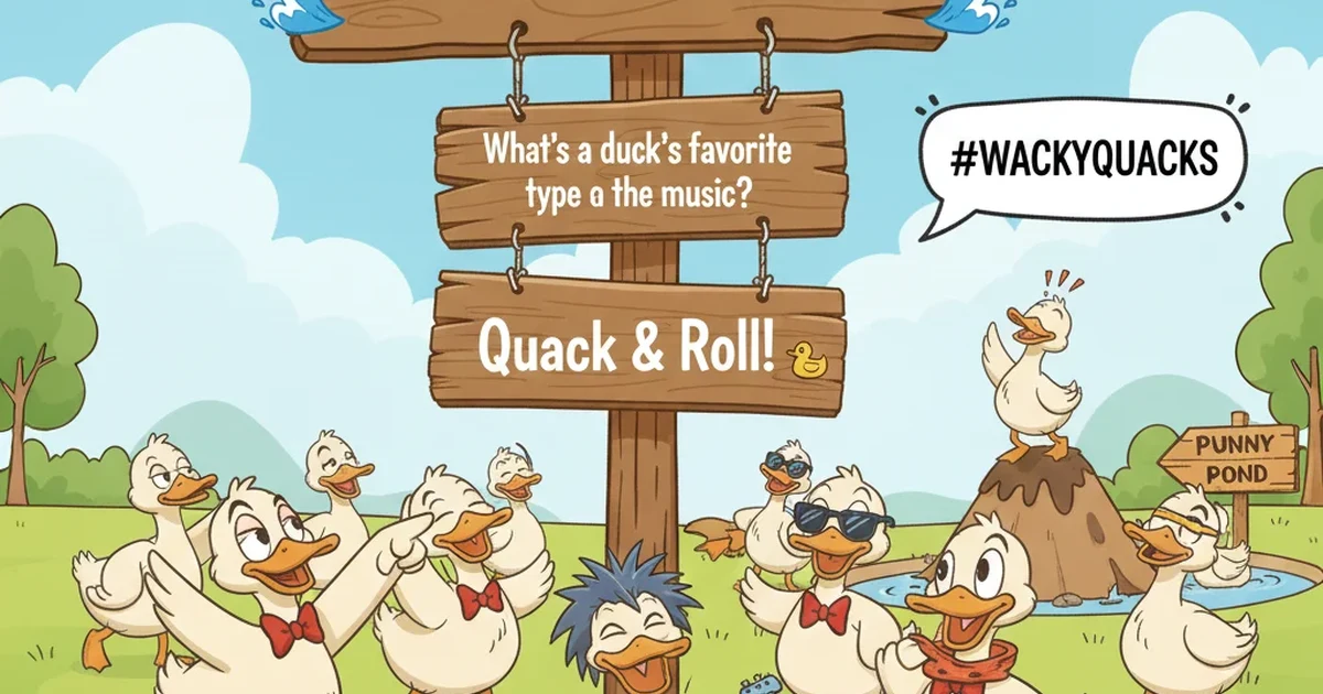 A lively cartoon scene of ducks in silly, exaggerated situations—splashing, wearing funny accessories, and making goofy faces.