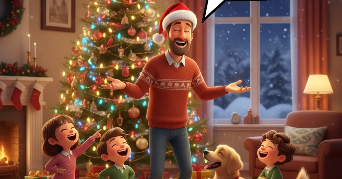 A playful Christmas scene with a cheerful dad sharing funny kid-friendly holiday jokes, surrounded by colorful lights and decorations.