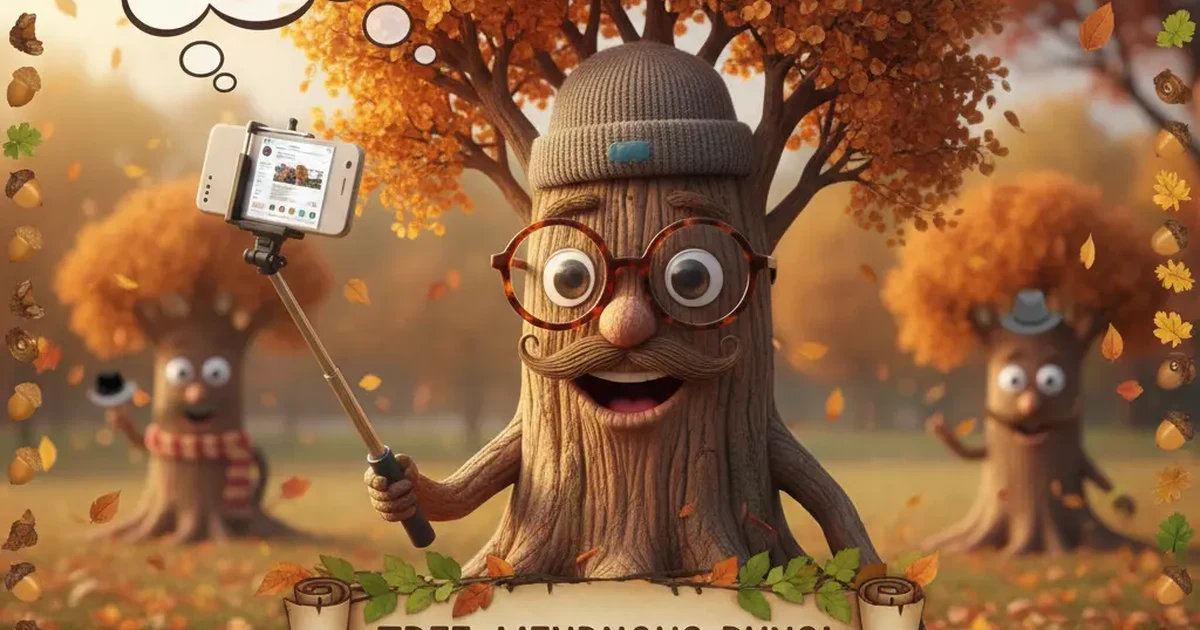A cute and playful illustration of a tree with smiling leaves, giving off a lighthearted autumn vibe perfect for tree-themed humor.