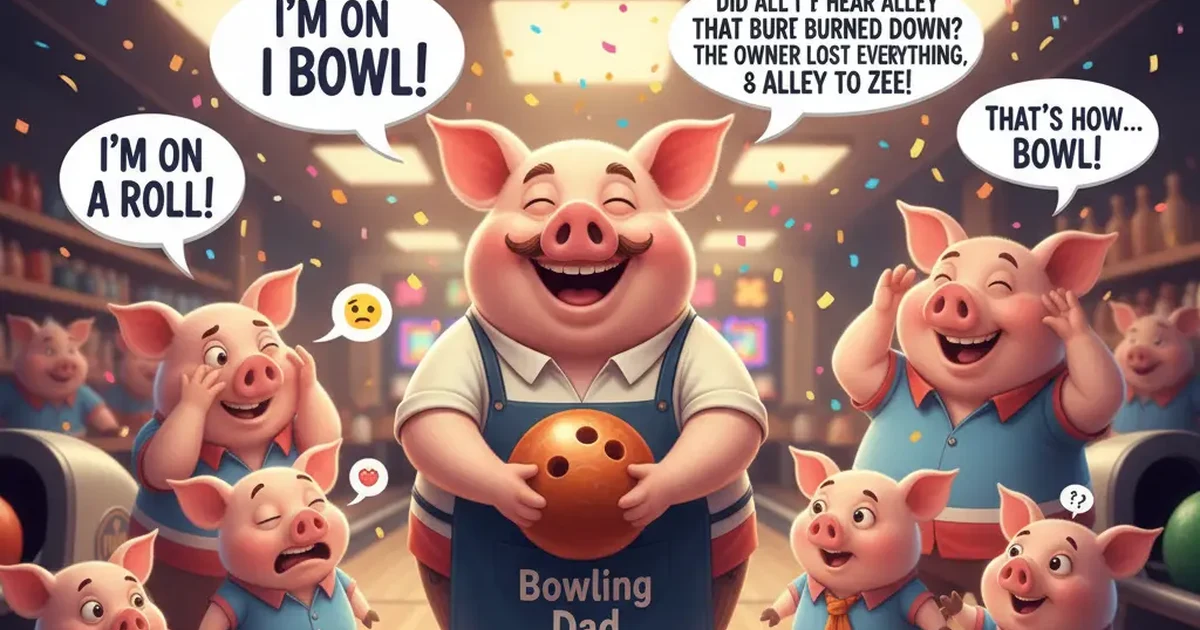 “A fun, bright bowling-themed graphic featuring playful dad jokes, bowling pins, and a smiling bowling ball.”
