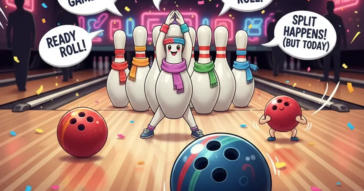 “Cartoon-style bowling lane with a bowling ball and pins doing warm-up exercises, wearing sweatbands and scarves in a playful, punny theme.”
