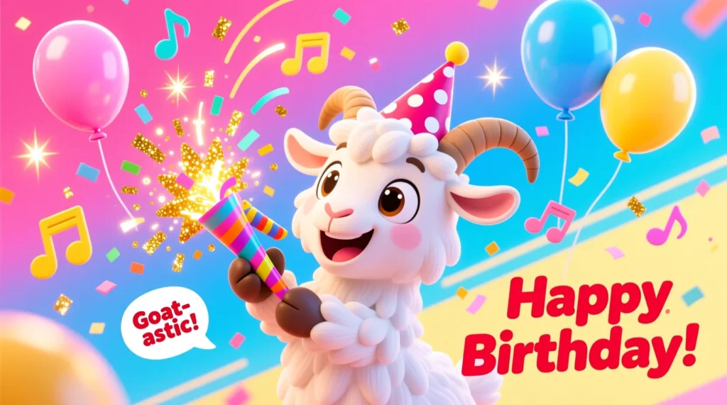 A cheerful cartoon goat in a party hat surrounded by balloons, confetti, and colorful party elements.