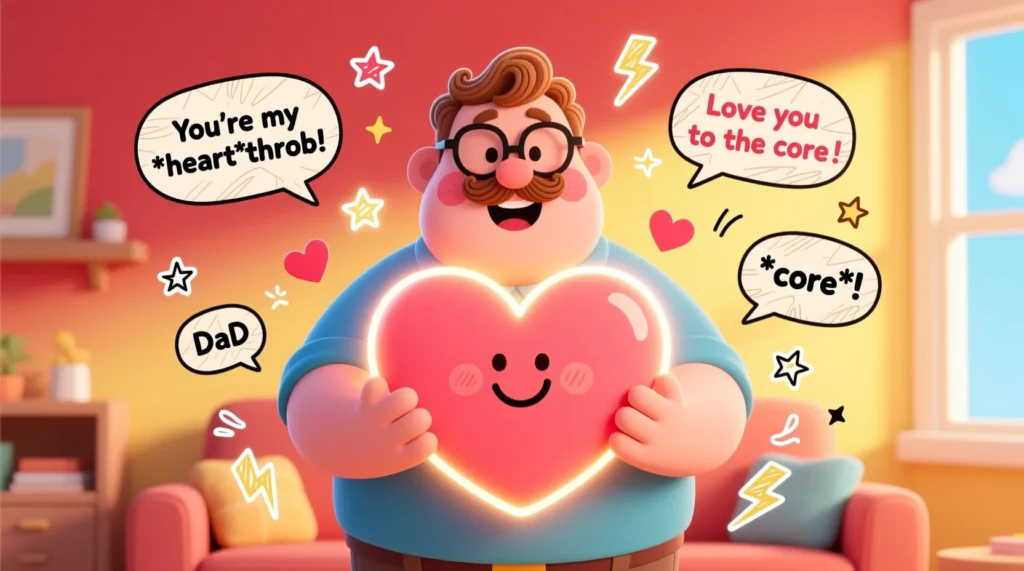 A cartoon dad holding a smiling heart with funny doodles, mini hearts, and dad-joke style speech bubbles around him.