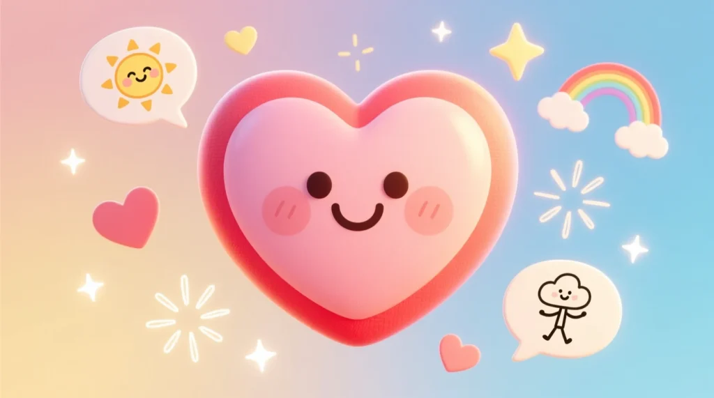 A smiling cartoon heart surrounded by kid-friendly mini hearts, stars, and soft colorful doodles on a clean, cheerful background.