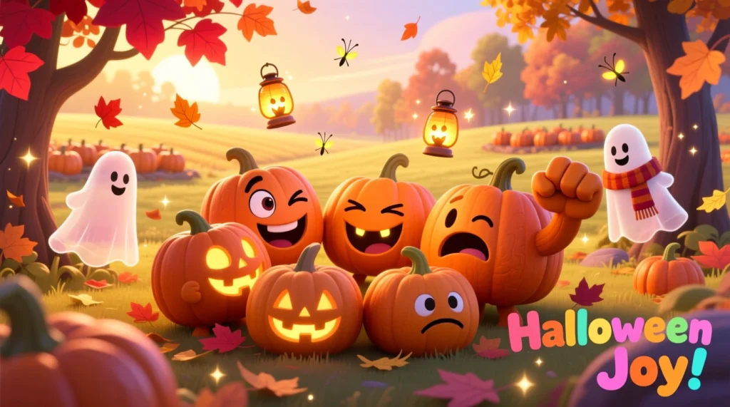 Laughing cartoon pumpkins in a bright autumn setting with playful expressions and cheerful Halloween details.