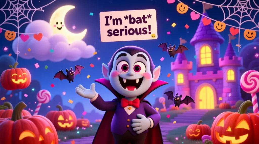 Cute cartoon vampire laughing with friendly bats in a bright, playful Halloween-themed scene.
