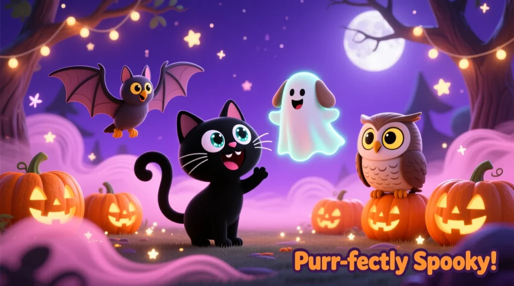 Cute black cat and other spooky animals laughing together in a fun, kid-friendly Halloween scene with glowing pumpkins.