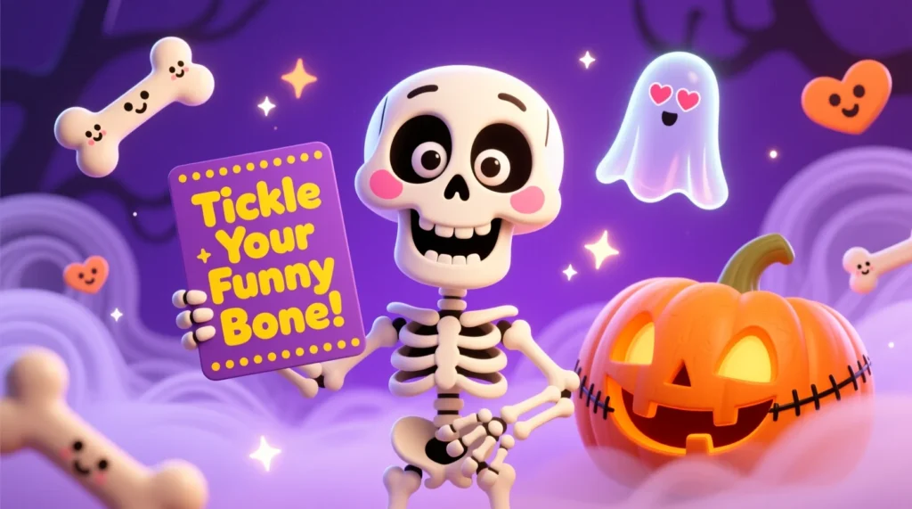“A cute cartoon skeleton laughing while holding a joke card, surrounded by small ghosts, bones, and a glowing Halloween pumpkin.”