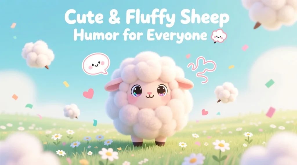 A fluffy cartoon sheep with big cute eyes standing in a pastel meadow surrounded by tiny hearts and wool puffs, designed for a light and friendly humor theme.