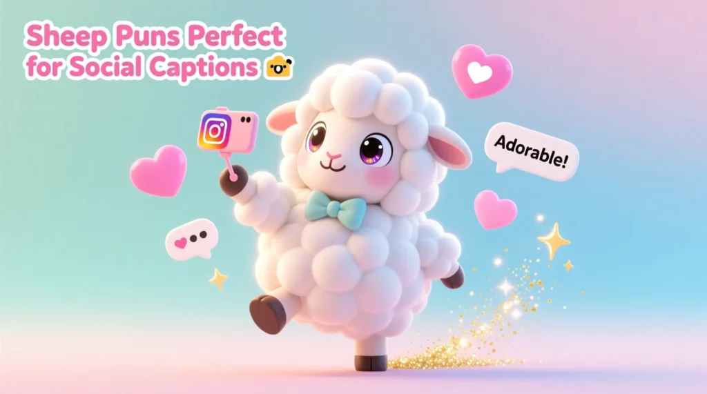 A cute cartoon sheep taking a selfie surrounded by like-hearts and comment bubbles in a colorful social media–style illustration.